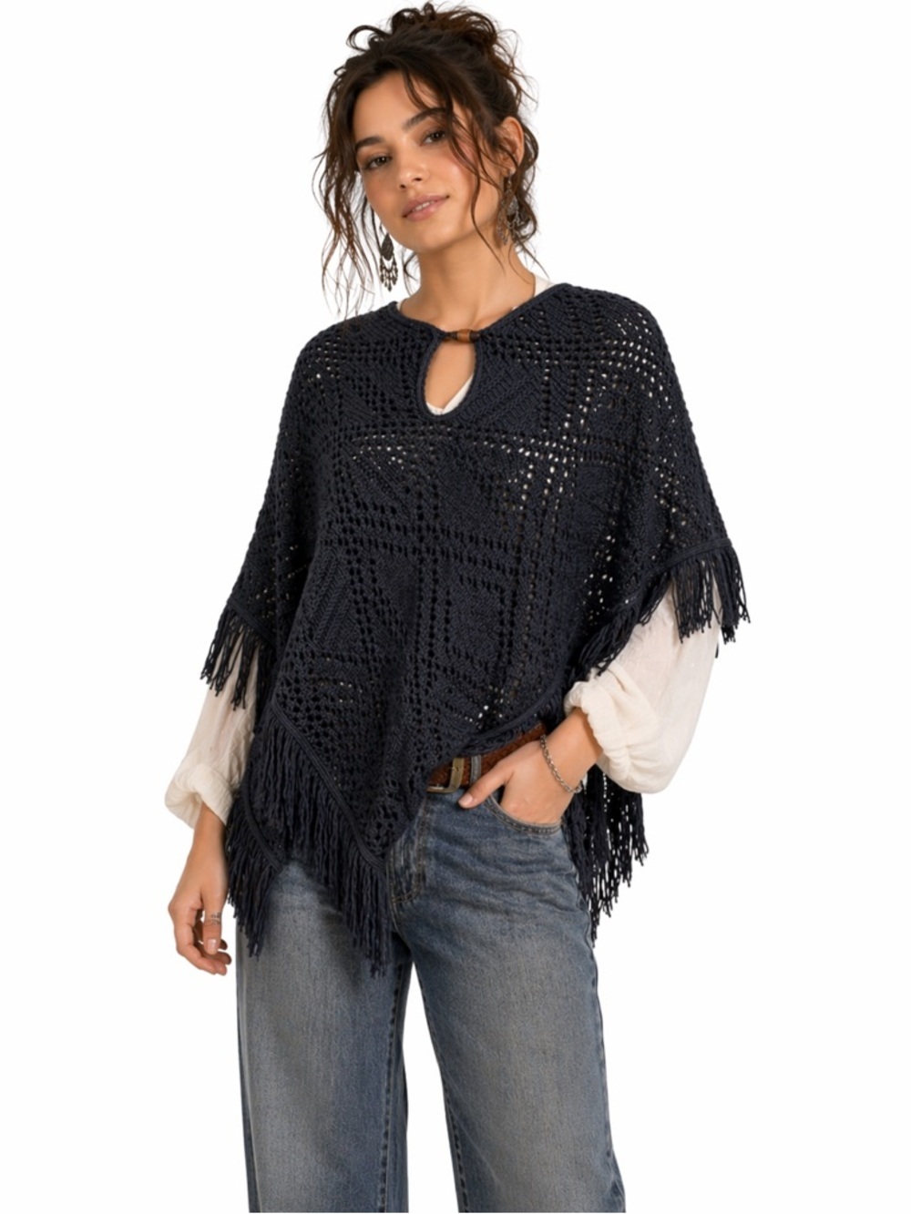 A.L.C Womens Black Open Weave Fringe Boho Poncho Sweater Sz OS Lightweight Chic
